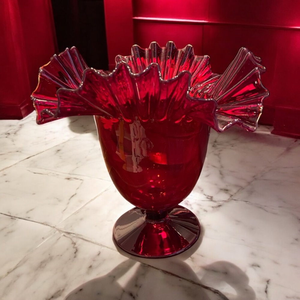 Gorgeous Blenko mid century modern Ruby red glass crimped top edge vase.